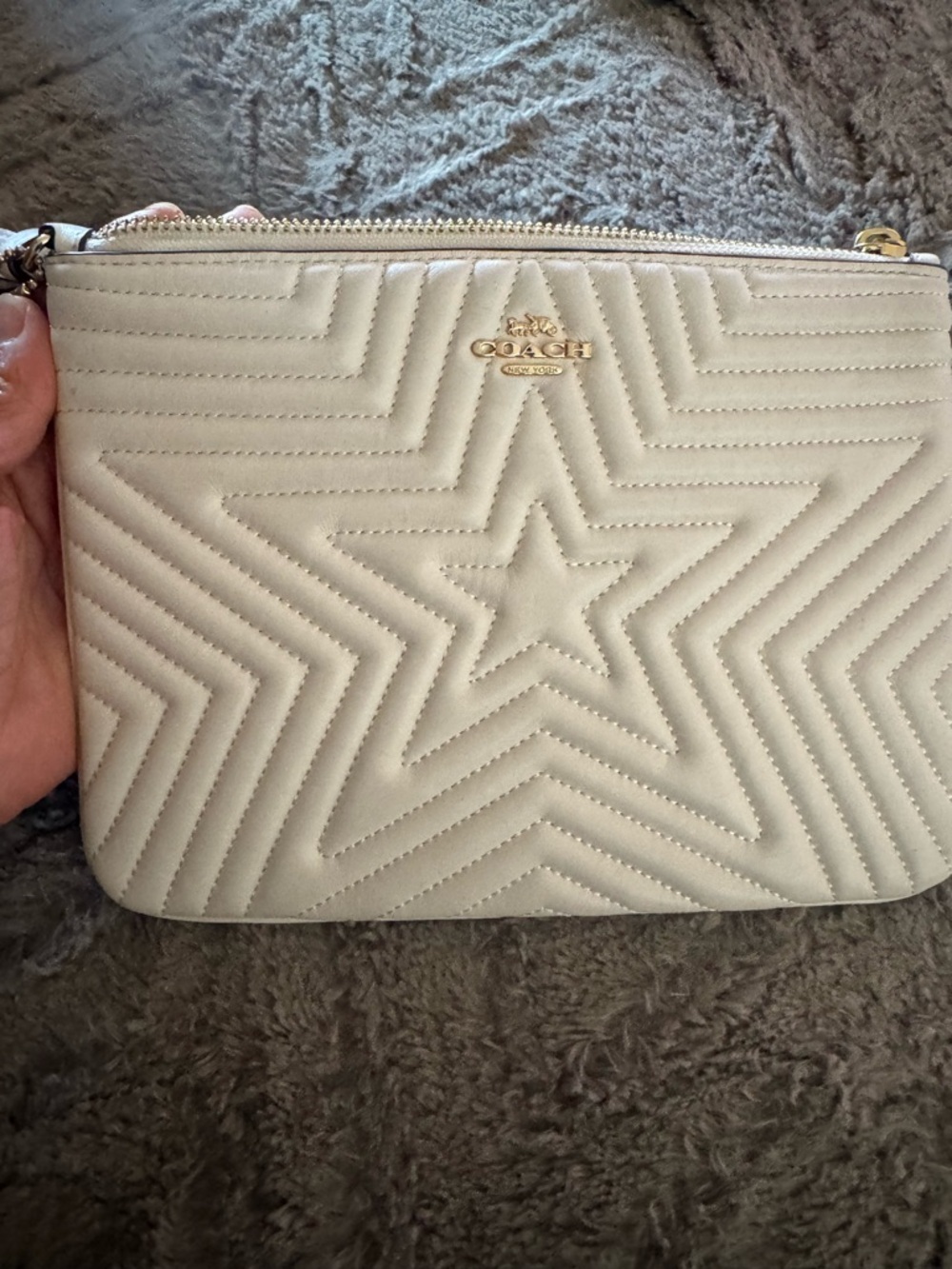 Coach Cream Quilted Star Wristlet with Gold Logo